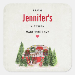 Christmas Trailer Camper Rustic Scene Kitchen Square Sticker