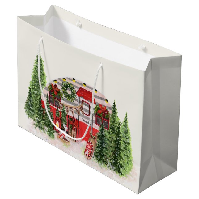 Christmas Trailer Camper Rustic Scene Large Gift Bag (Front Angled)