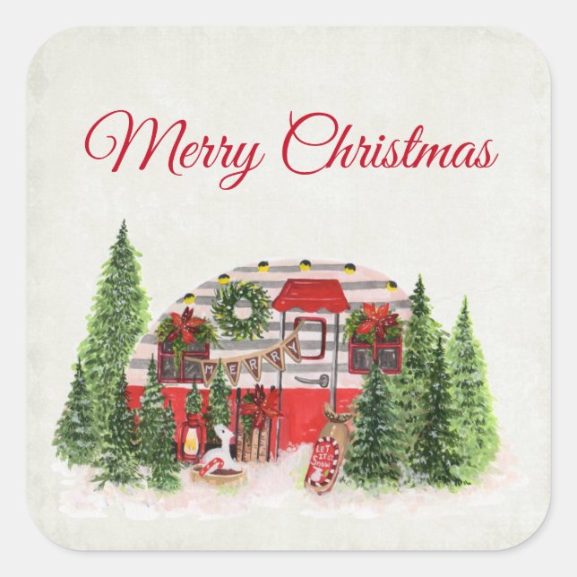 Christmas Trailer Camper Rustic Scene Square Sticker (Front)