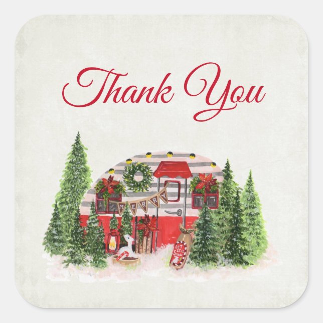 Christmas Trailer Camper Rustic Scene Thank You Square Sticker (Front)