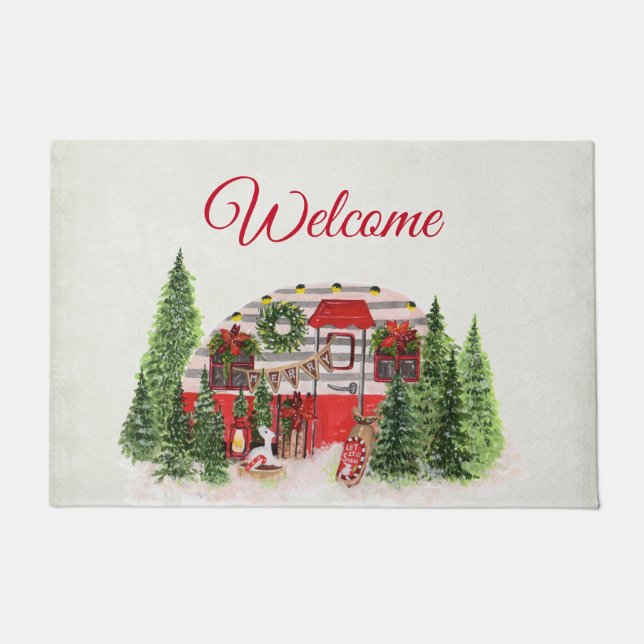 Christmas Trailer Camper Rustic Scene Welcome Doormat (Front)