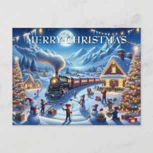 Christmas Train Arrives in Joyful Snowy Village Holiday Postcard