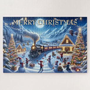 Christmas Train Arrives in Joyful Snowy Village Jigsaw Puzzle