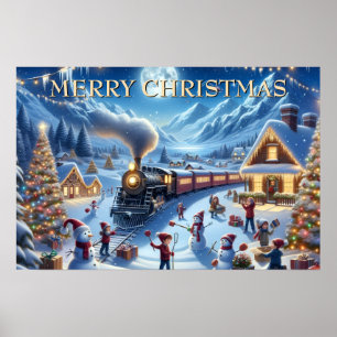 Christmas Train Arrives in Joyful Snowy Village Poster