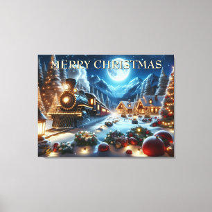 Christmas Train Arriving in Snowy Village Canvas Print