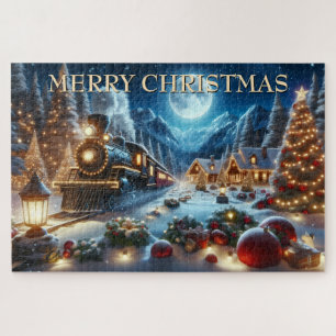 Christmas Train Arriving in Snowy Village Jigsaw Puzzle