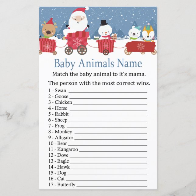 Christmas Train Baby Animals Name Game baby shower (Front)