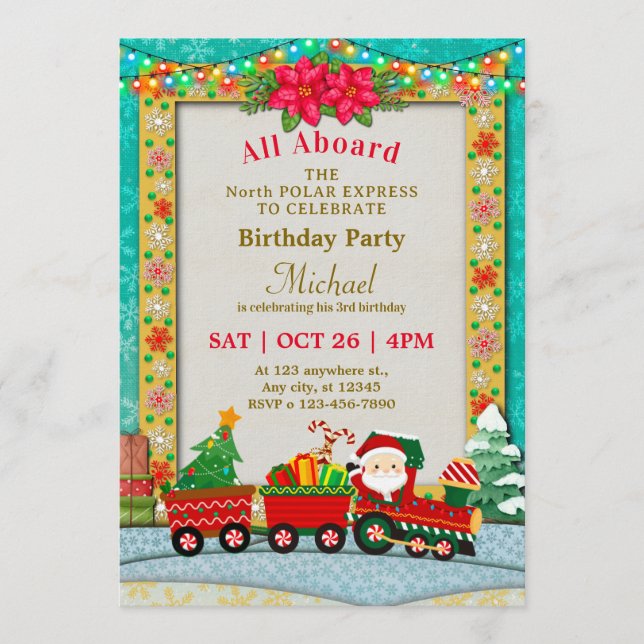Christmas Train Birthday - All Aboard Kids Party Invitation (Front)