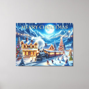 Christmas Train in Snowy Village with Children Canvas Print