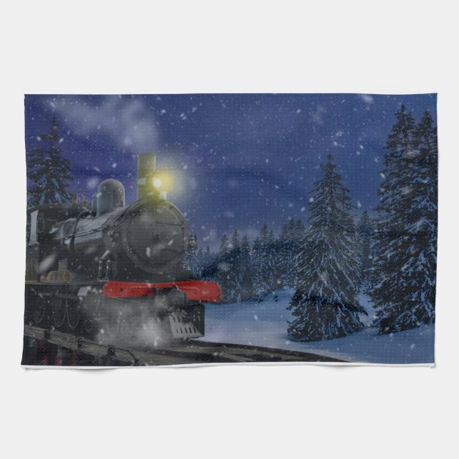 Christmas Train in the snow             Tea Towel (Horizontal)