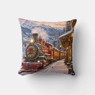 Christmas Train Mountain Landscape Cushion