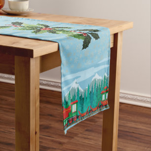 Christmas Train on Sky Blue Long Table Runner