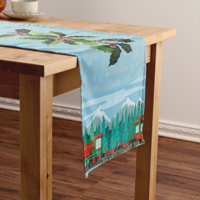 Christmas Train on Sky Blue Long Table Runner (In Situ)