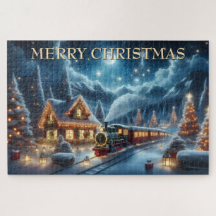 Christmas Train Passing Decorated Mountain Cottage Jigsaw Puzzle