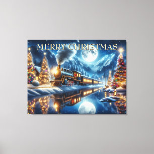 Christmas Train Reflected in Moonlit Lake Canvas Print