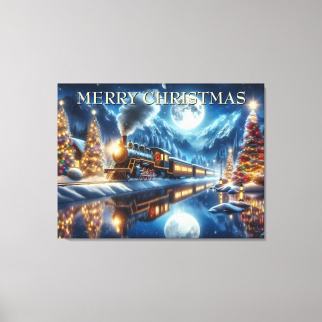 Christmas Train Reflected in Moonlit Lake Canvas Print (Front)