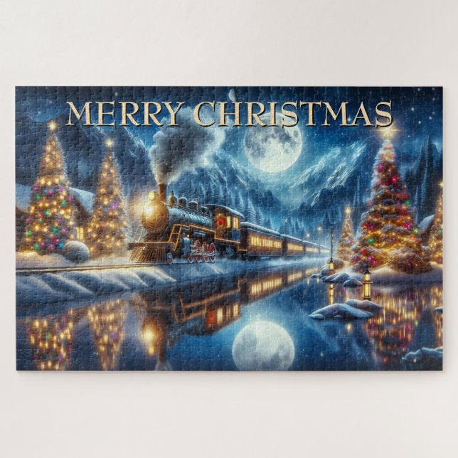 Christmas Train Reflected in Moonlit Lake Jigsaw Puzzle (Horizontal)