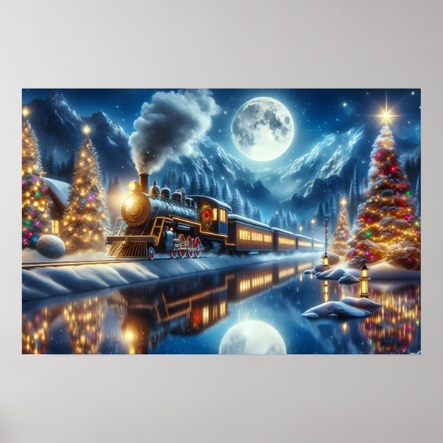 Christmas Train Reflected in Moonlit Lake Poster (Front)