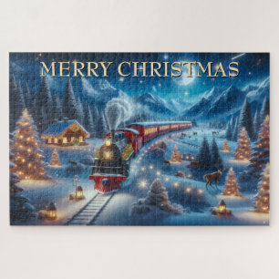 christmas train,snowy village,river reflection,dec jigsaw puzzle