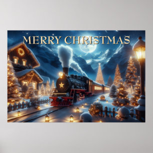 Christmas Train Through Lantern-Lit Village Poster