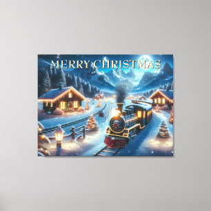 Christmas Train Through Snowy Village at Night Canvas Print