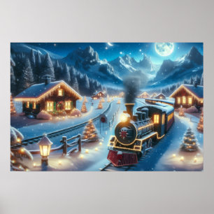 Christmas Train Through Snowy Village at Night Poster