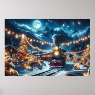 Christmas Train Under Crescent Moon and Lights Poster