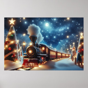 Christmas Train Under Moonlit Starry Sky Poster