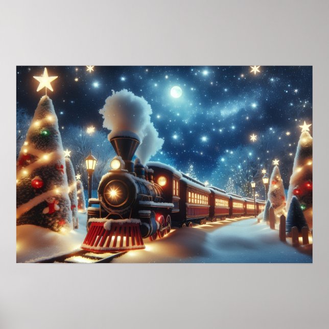 Christmas Train Under Moonlit Starry Sky Poster (Front)