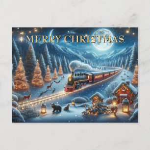 Christmas Train with Lanterns and Woodland Animals Holiday Postcard
