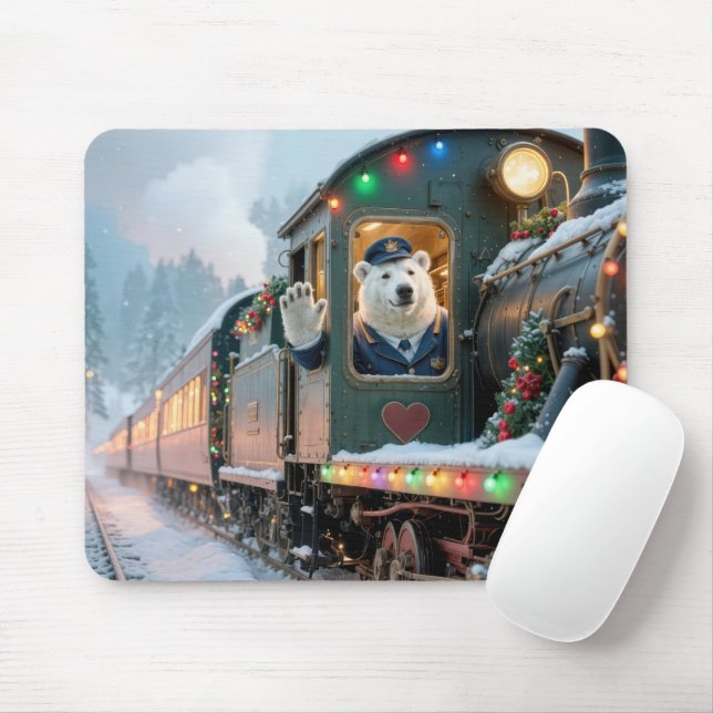 Christmas Train With Waving Polar Bear Mouse Mat (With Mouse)