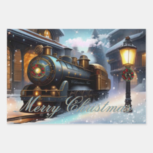 Christmas Trains Watercolor Gift Wrapping Paper Sheet