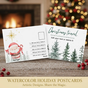 Christmas Travel Watercolor Santa Pine Trees Postcard