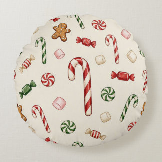 Christmas Treats and Candy Canes, Beige Background Round Cushion