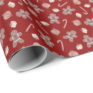 Christmas treats and joy on crimson - gingerbread  wrapping paper