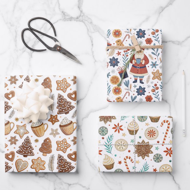 Christmas Treats Pattern with Gingerbread, Cocoa Wrapping Paper Sheet (Front)