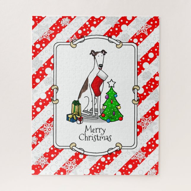 Christmas Tree 2 Greyhound (brindle white) Dog Fun Jigsaw Puzzle (Vertical)