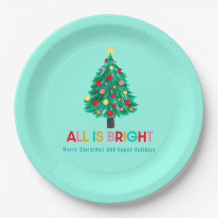 Christmas Tree "All Is Bright" Christmas Party Paper Plate