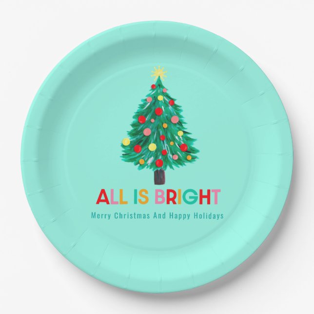 Christmas Tree "All Is Bright" Christmas Party Paper Plate (Front)