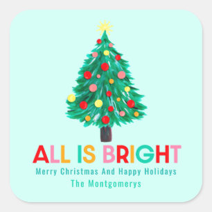 Christmas Tree "All Is Bright" Pastel Personalize Square Sticker