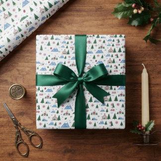 Christmas Tree Alpine Chalet Nordic Mountain Theme Wrapping Paper