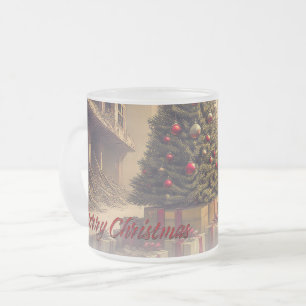 Christmas Tree Amid Ruins Merry Christmas Frosted Glass Coffee Mug