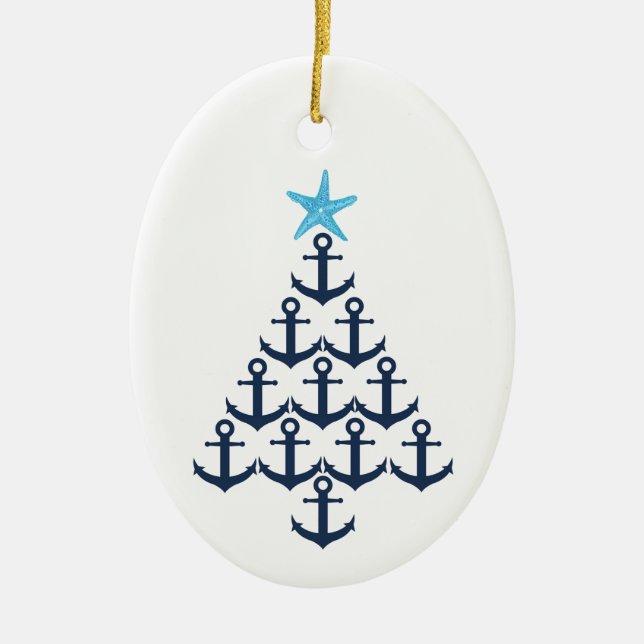Christmas Tree Anchor Nautical Ceramic Tree Decoration (Front)