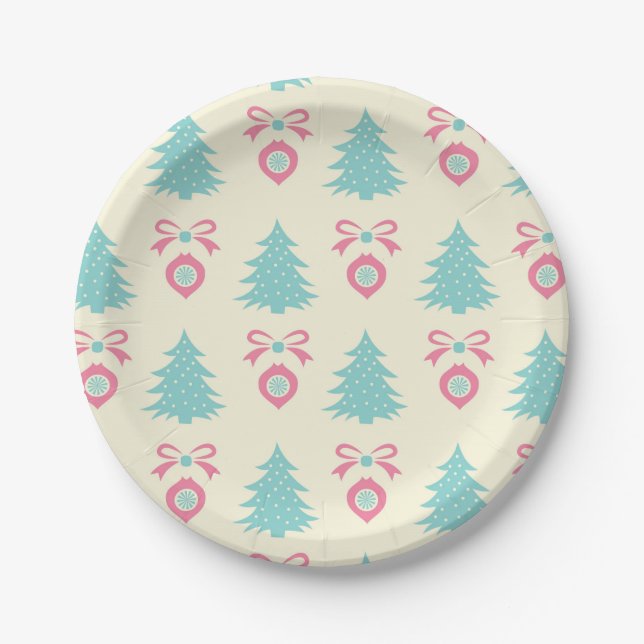 Christmas Tree And Bauble Pattern Pastel Colours Paper Plate (Front)