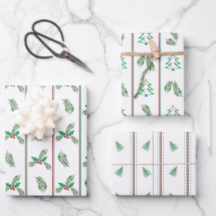 Christmas tree and berries with stripes wrapping paper sheet
