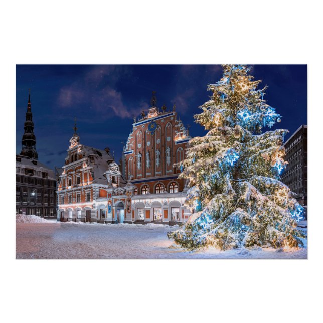 Christmas tree and Blackheads house in Riga Poster (Front)