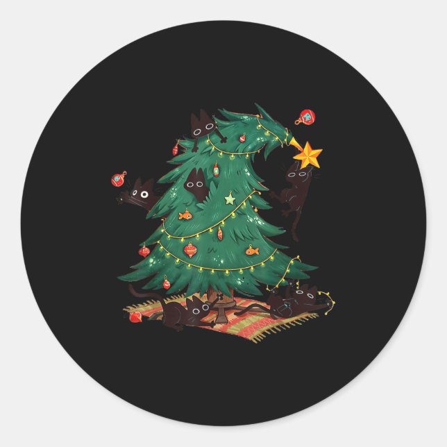 Christmas Tree And Cat Cute Christmas Cat Lover  Classic Round Sticker (Front)