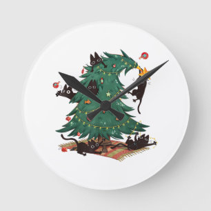 Christmas Tree and Cat Cute Christmas Cat Lover Round Clock