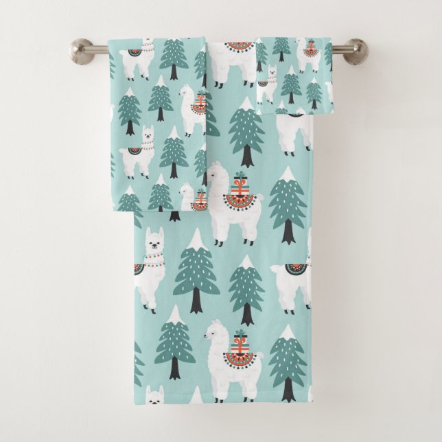 Christmas tree and cute lama pattern bath towel set (Insitu)