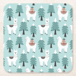 Christmas tree and cute lama pattern square paper coaster